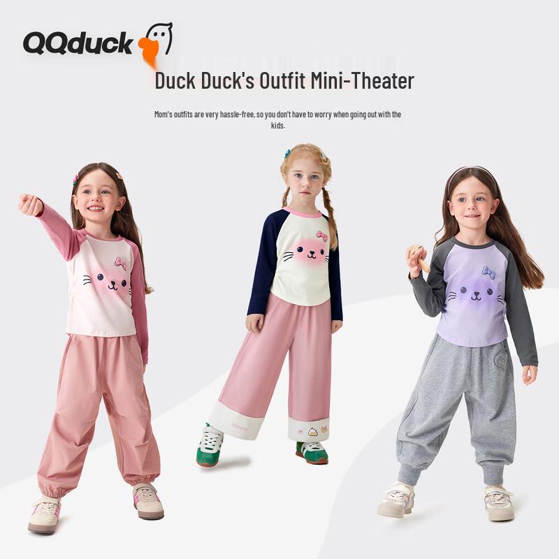 QQ DUCK Girls' Cat Graphic Long Sleeve T-Shirt