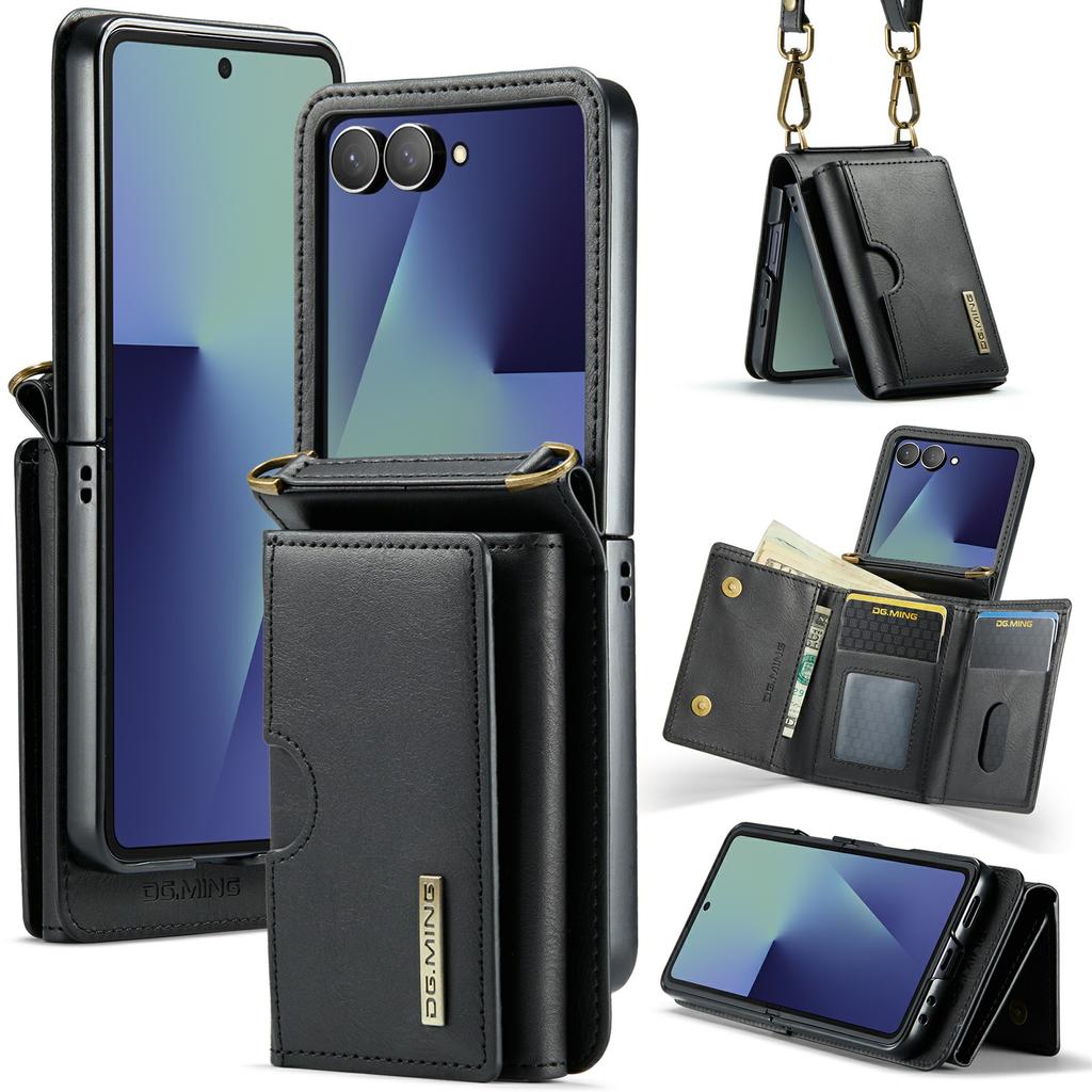 DG.MING M6 Series For Samsung Galaxy Z Flip7 5G Foldable Case PU+PC Phone Cover with Wallet/Shoulder Strap