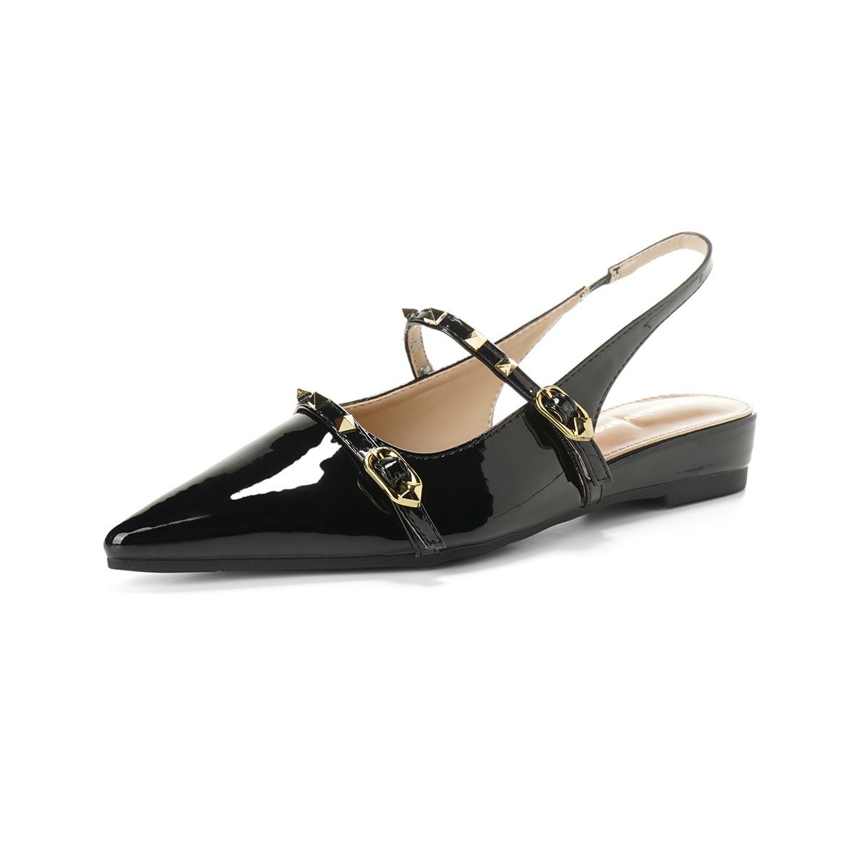 

Сандалии с заклепками, женские летние, на плоской подошве, под юбку, красивые остроносые одинарные туфли 43 чёрный