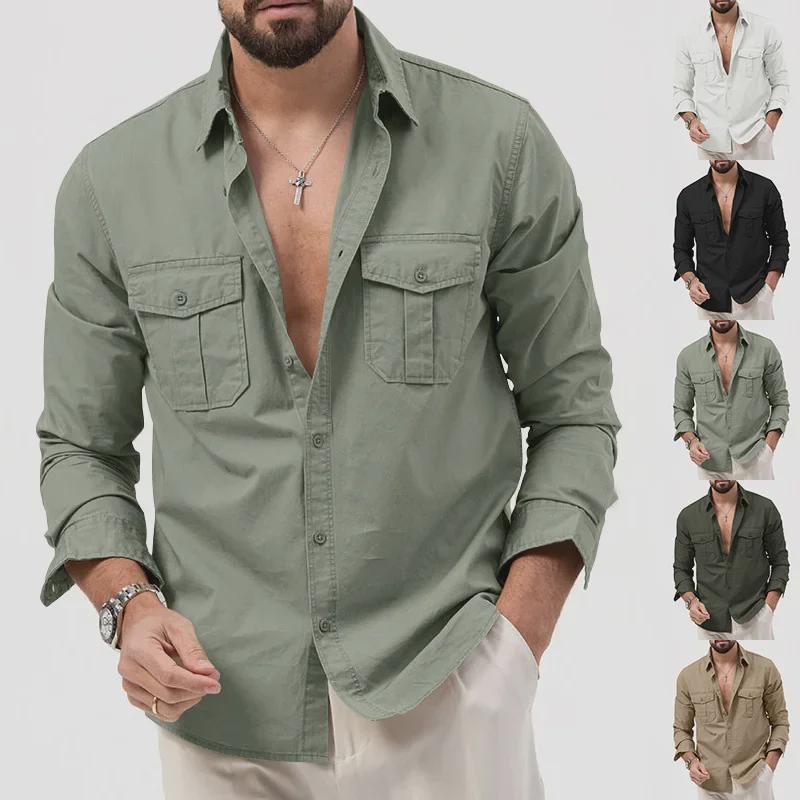2024 New European & American Men's Multi-Pocket Casual Long-Sleeved Shirts