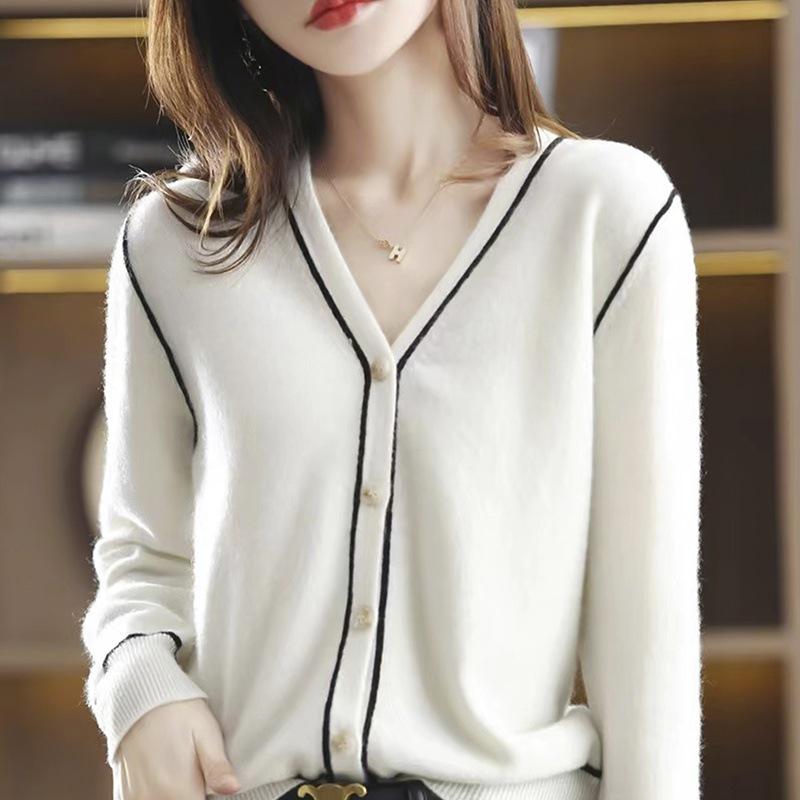 Versatile 100% Cashmere Color Block Cardigan V-Neck Women's Wool Sweater
