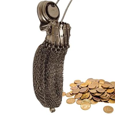 Portofel englezesc artizanal din anii 1920, portofel victorian din argint cu capac răsucit și plasă tip poartă, poșetă victoriană retro din argint sterling, pungă din plasă de argint pentru monede