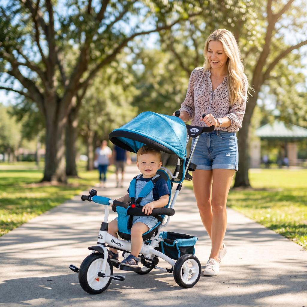 6-in-1 Children's Tricycle, Canopy, 5-Point Harness, Footrests, Brake, 1-5 Years, Blue