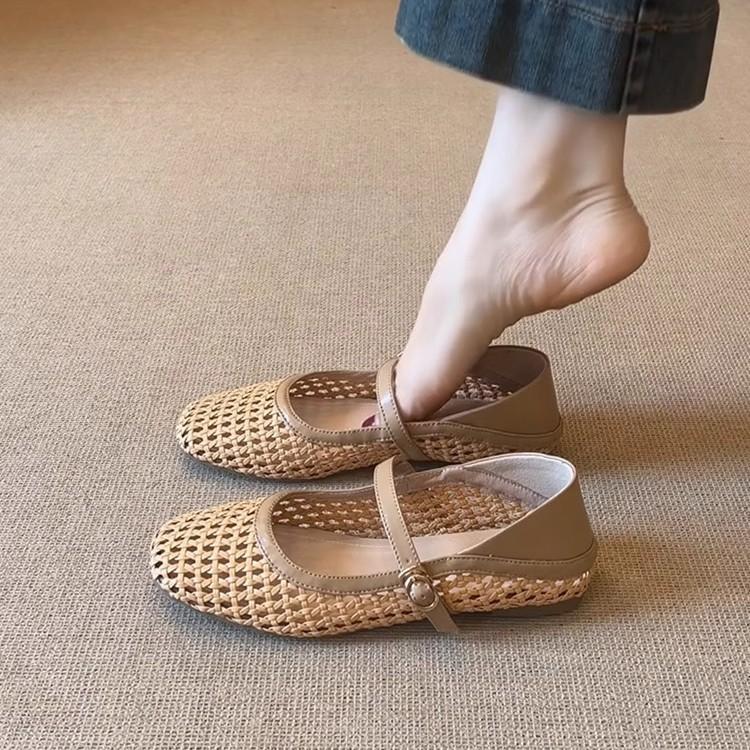 Soft Leather Version~ French Literary and Artistic Style Woven Hollowed-out Outer Wear Breathable Mary Jane Sandals Women's Word with Flat Shoes