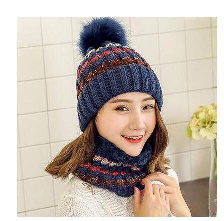 Hat Ladies Winter Trendy Autumn Winter Cute Versatile Knitted Mask Scarf Fleece Cycling Ear Protector Wool Cap