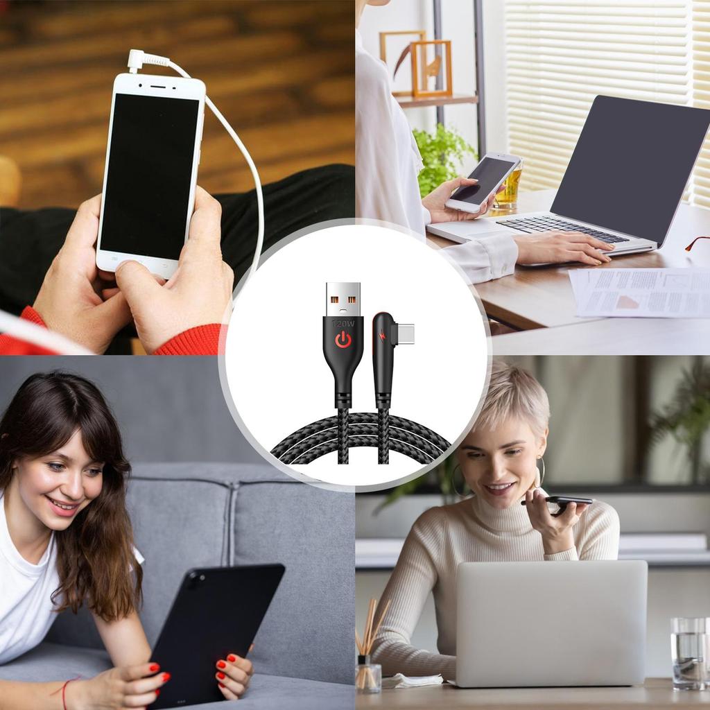 USB C Cable Type C Charger Fast Charging Cord Braided 120W Flash Charging 6a Charge Cable Right Angle USB C Charging Cable