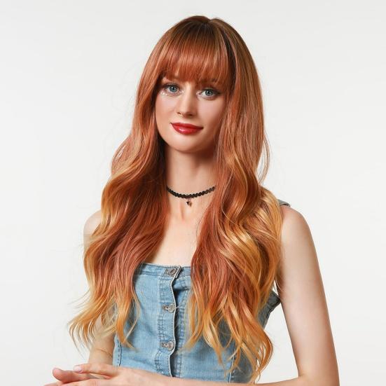 Women Wigs Neat Hair Bangs Breathable Lightweight Halloween Cosplay Long Wave Wigs for Female