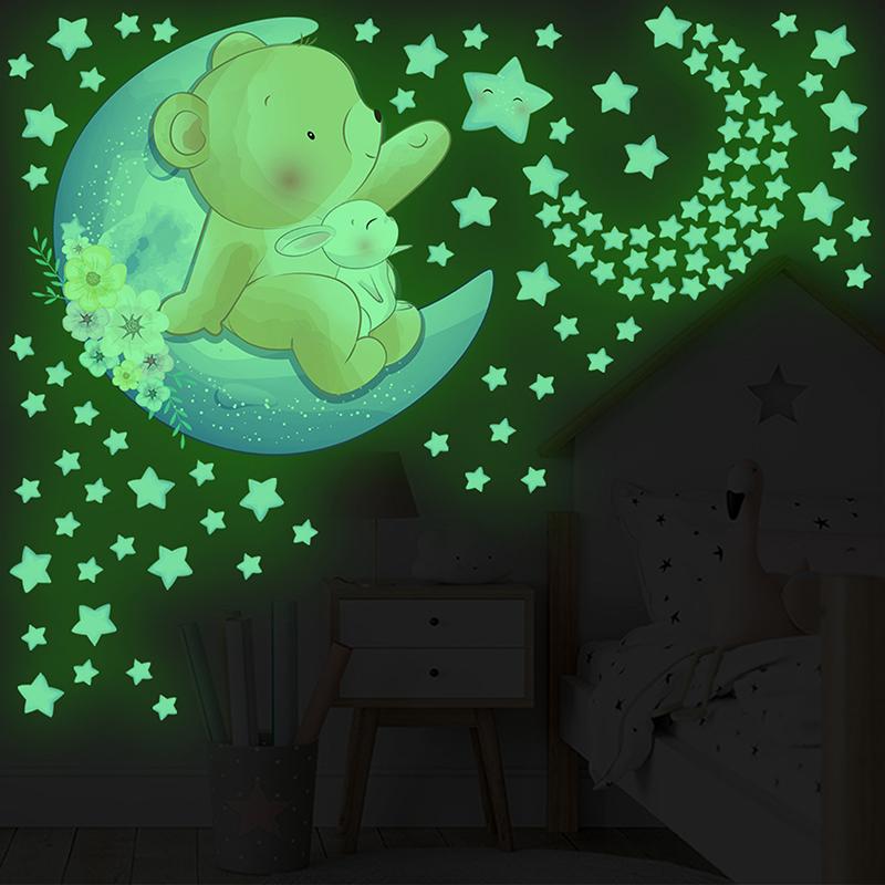 1 Sheet Luminous Wall Sticker Star Moon Stickers Luminous Bear Wall Sticker Crea A