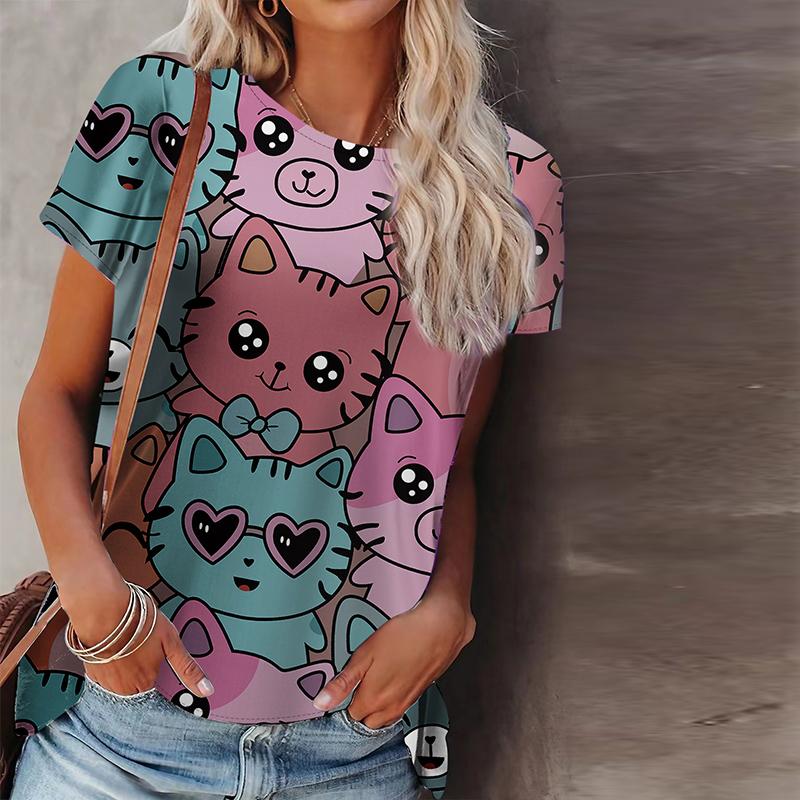 Women Summer T Shirt Colorful Little Bear Print Short Sleeve Tees Casual Printed Tops