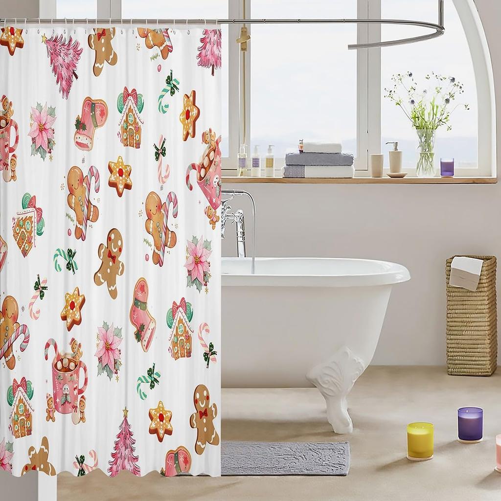 Cute Gingerbread House Christmas Shower Curtain, Waterproof Bathtub Decor for Merry Holiday Bathroom Styling with Festive Theme