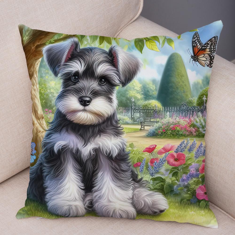 Roztomilý povlak na polštář s mini kníračem pro domácnost, oboustranný potisk, dekorace, kreslený mazlíček, zvíře, na pohovku, do auta, povlak na polštář, měkký plyšový povlak na polštář