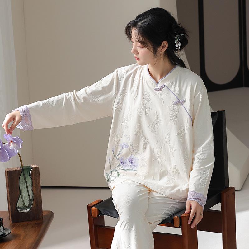 

Женская пижама в стиле ретро из китайского жаккардового хлопка - Элегантный пуловер с длинным рукавом для дома L (160-165cm, 100-115kg)