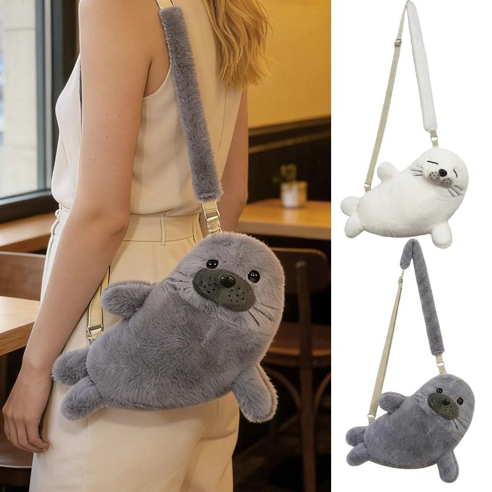Soft Fluffy Cute Seal Shoulder Bag Lightweight Cartoon Phone Bag Adjustable Straps Fabric Crossbody Bag Women's Accessories