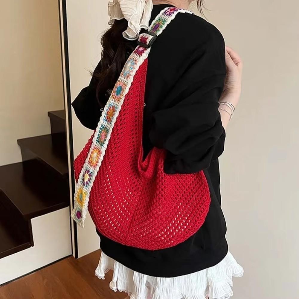 New Large Capacity Crochet Tote Bag Embroidered Strap Lightweight Hollow Woven Bag Flower Knitting Handbag Female