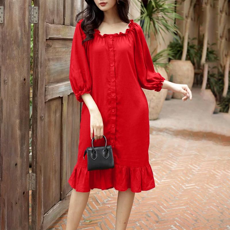 ZANZEA Women Casual Square Collar Solid Color Loose 3/4 Sleeve Dress S красный