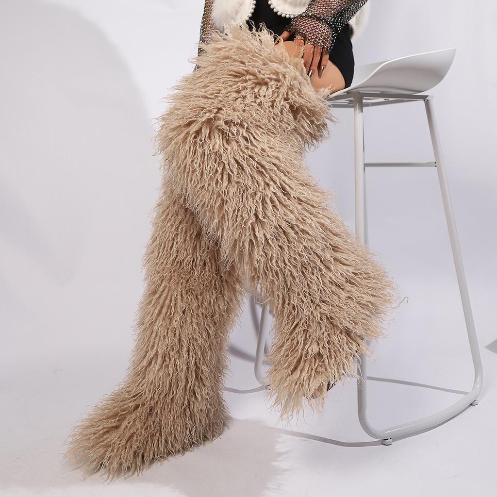 Thigh High Fluffy Boots Ladies Women Winter Furry Faux Fox Fur Long Warm Shoes Girls New Designer Plush Knee High Fur Boots