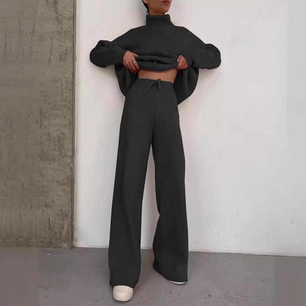 2025 European Style Brown Two-Piece: Long Sleeve High Neck Hoodie & Elegant Wide-Leg Pants