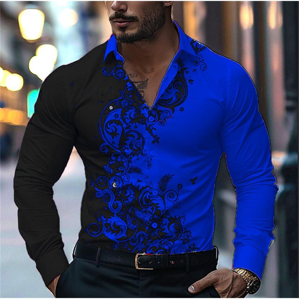 2024 New Men's Casual Street Print Pattern Shirt Fashion Casual Spring and Autumn Splicing Long Sleeved Lapel Shirt Tops