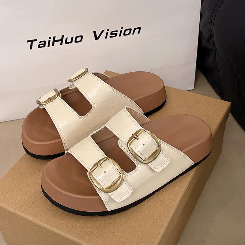 French small fragrant style slippers women's summer wear 2025 new Internet celebrity fashion rhinestone flat bottom beach sandals