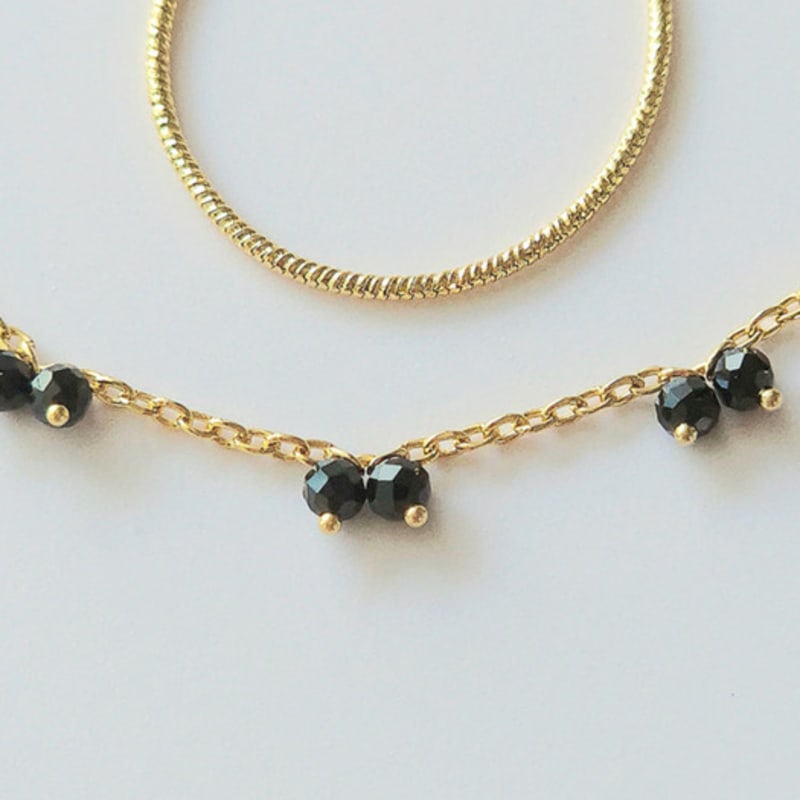 VOYONN Silver Double-Line Bracelet Gold Setting Beads Black 0009