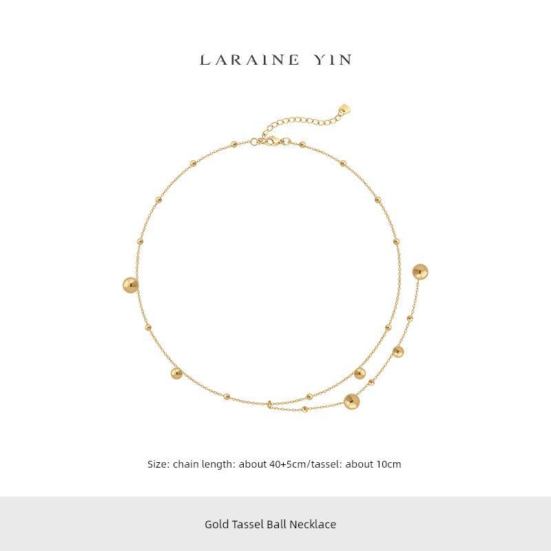 

Retro Easy Matching Tigereye Beaded Necklace Fashion Special-Interest Design Twin Clavicle Chain Fall and Winter New Arrival Sweater Chain Tassel Ball Titanium Steel Necklace