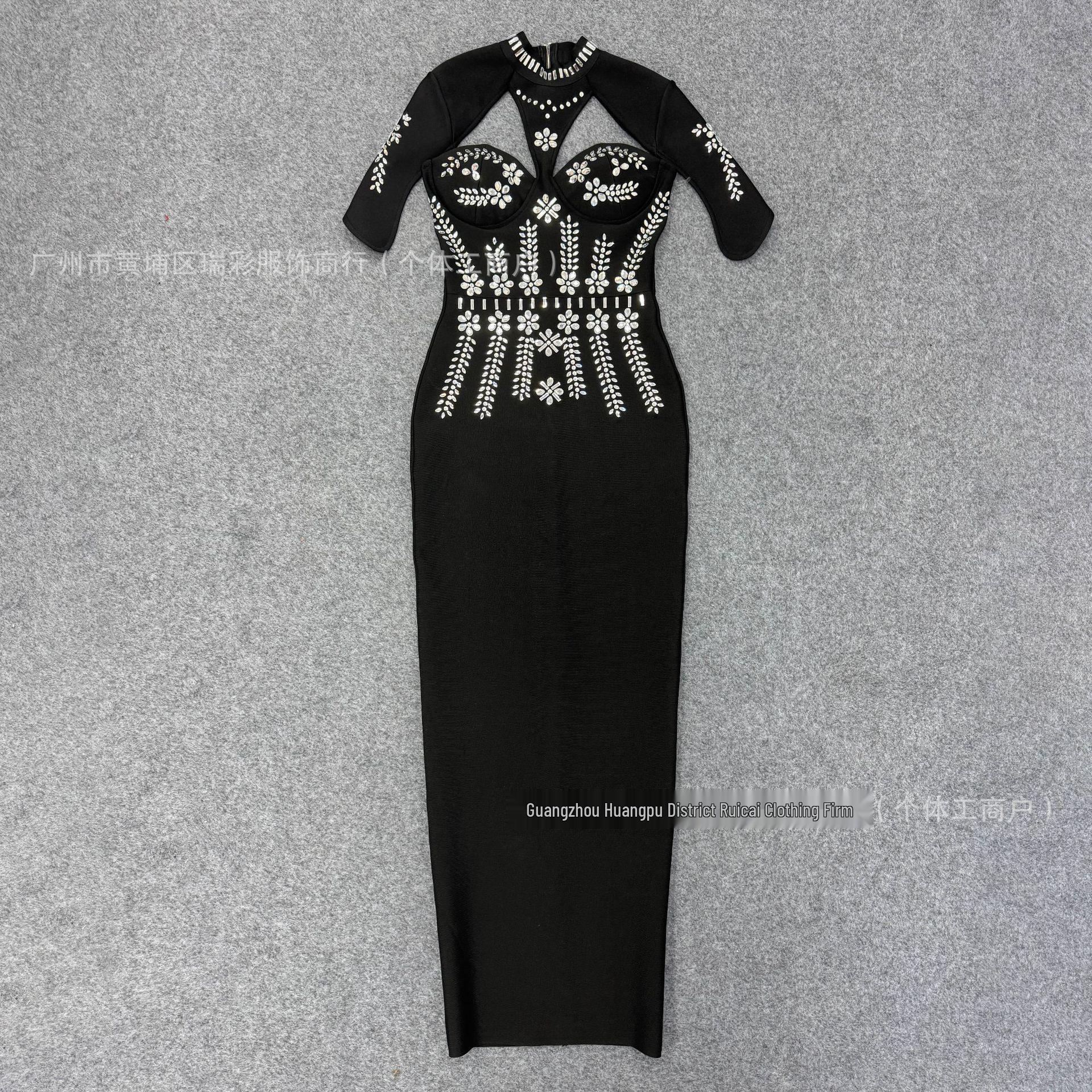 

Вечернее платье с шалью-бандажом в европейском и американском стиле, украшенное стразами - Светская одежда класса люкс Small чёрный