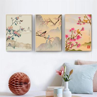 Flower and Bird Chinese Style Vertical Board Decoration Painting Modern Flower and Bird Living Room Tea Room Background Mural