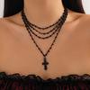 Gothic Dark Imitation Crystal Beaded Cross Pendant Necklace Women'S Retro Multi-Layer Necklace