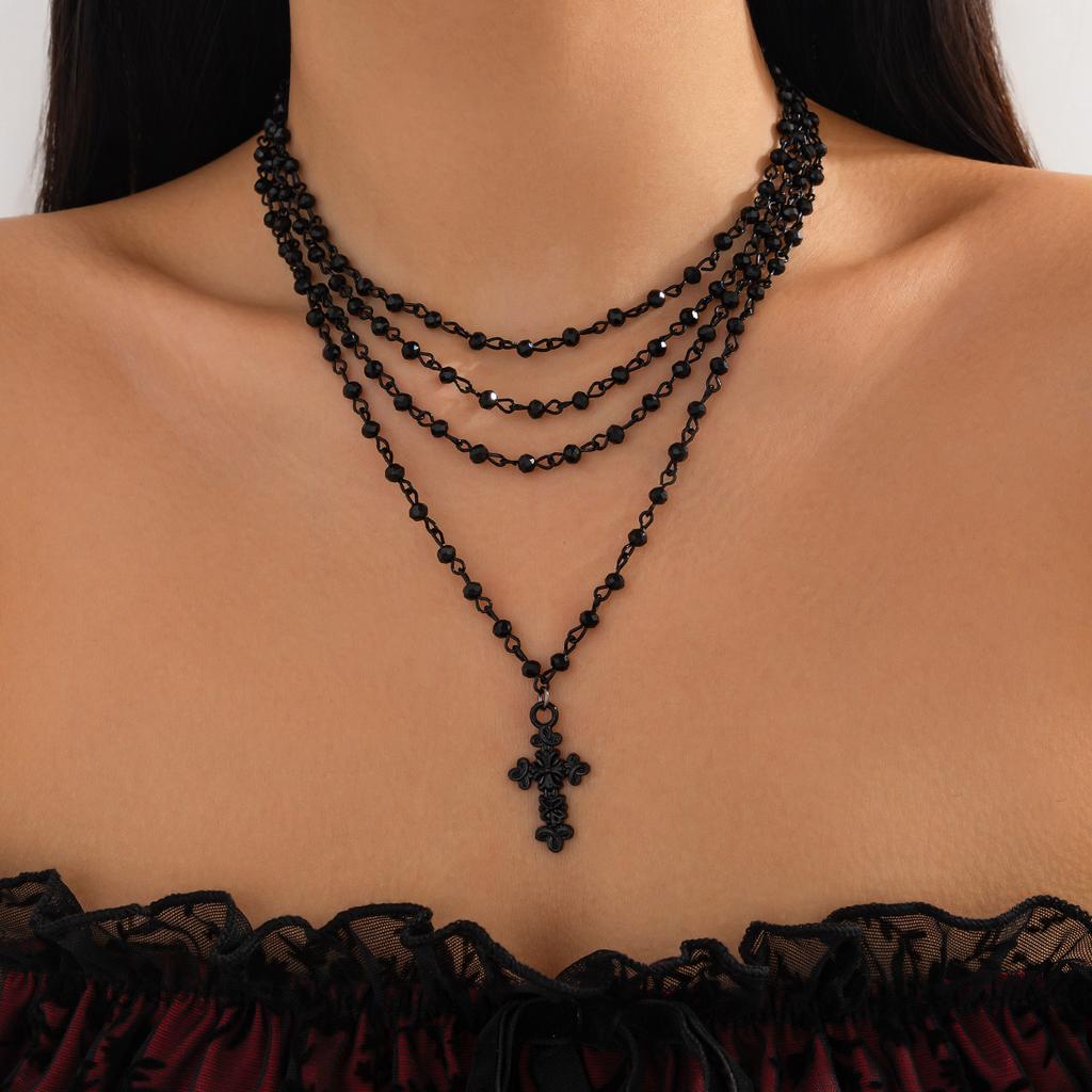 Gothic Dark Imitation Crystal Beaded Cross Pendant Necklace Women'S Retro Multi-Layer Necklace
