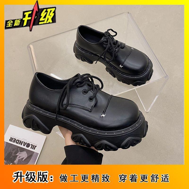 British style black platform shoes women's spring and summer new niche with skirt small leather shoes lace-up versatile single shoes