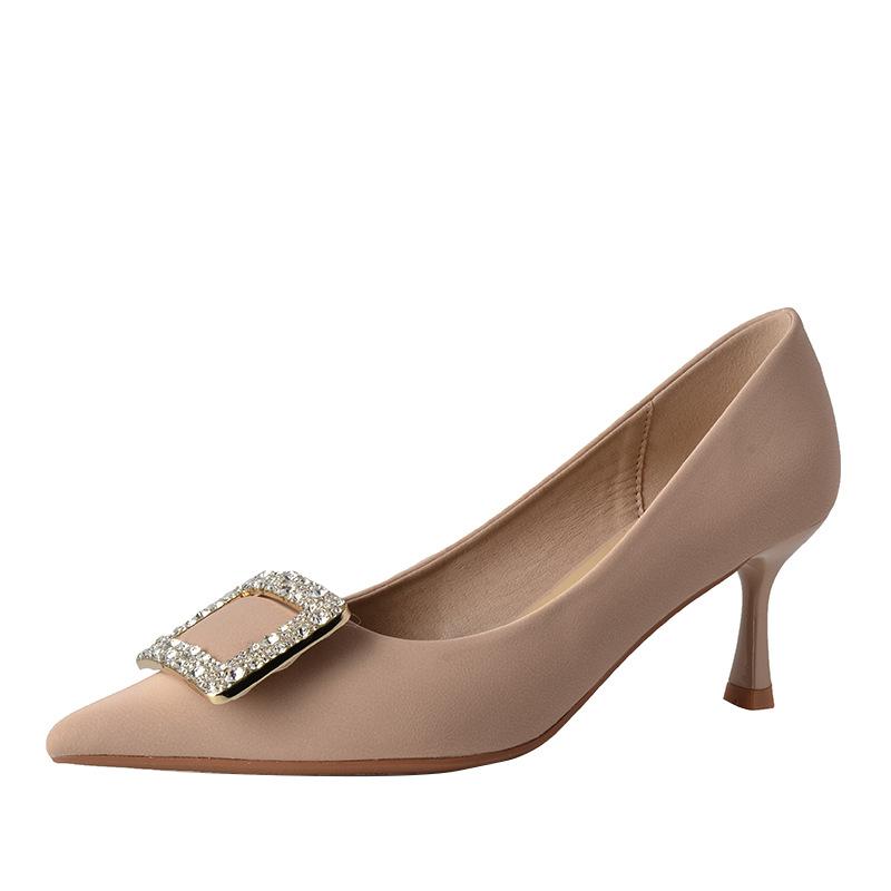 Light luxury rhinestone square buckle high heels women's pointed head thin heel sheepskin single shoes temperament fashionable shallow mouth spring