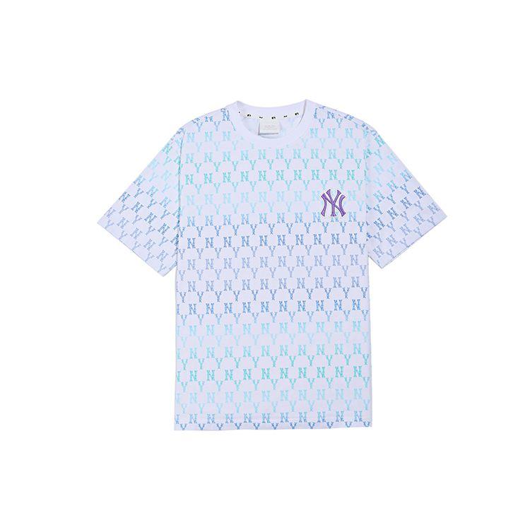 MLB New York Yankees Letter All Over Print Gradient Colorful Print Dopamine Short Sleeve T-Shirt Unisex Tops Light-Blue 31TSMC131-50U