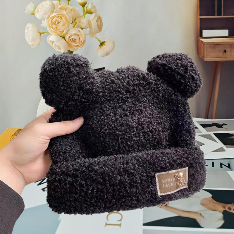 Elegant Little Bear Hat For Women Girls Thickening Casual Pullover Hat Embroidered Bear Coldproof Ear Protection Hat Gifts