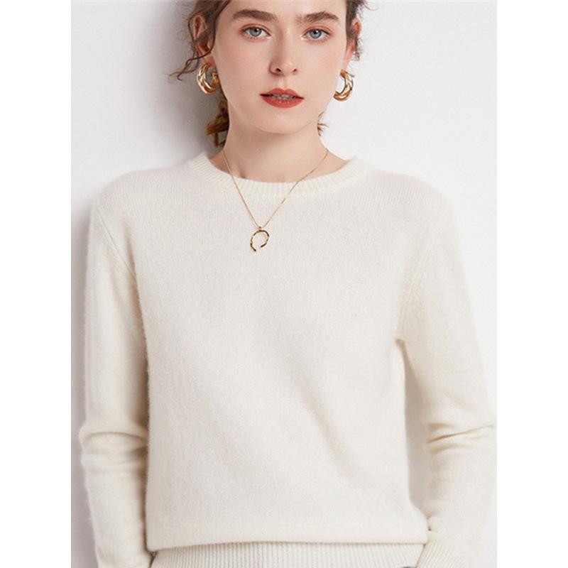 Women's Plus Size 100% Wool Thickened Round Neck Sweater - Winter Solid Color Pullover
