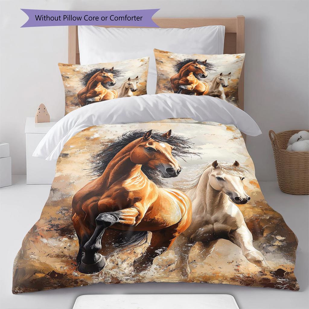 Horses Painting Pattern Bedding Quilt Set Quilt Cover Pillowcase Home Decoration Birthday Gift (1 * Duvet Cover + 2 * Pillowcase, Without Core)