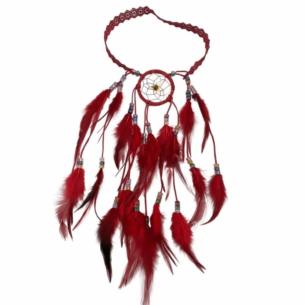 

Intricate Crochet Band Boho Tassel Headpiece Tribal Feather Hair Extensions Island Getaway Outfit красный