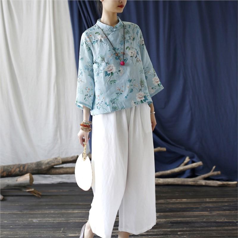 Johnature Chinese Style Linen T-Shirt Spring Summer Women Vintage Loose Long Sleeve Print T-Shirt