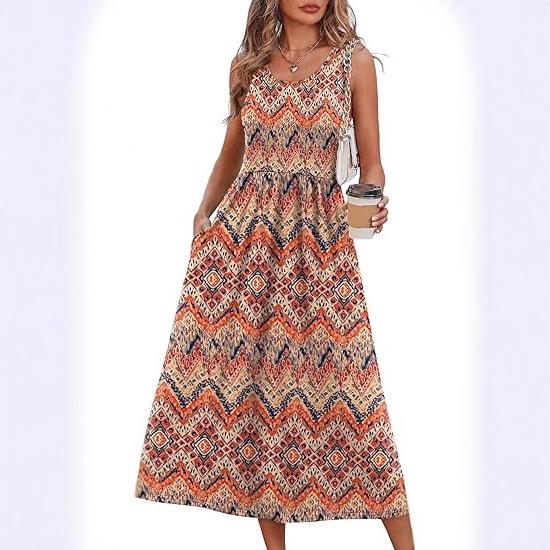 Women's clothing summer European and American neck printing pendulum sleeveless vest pocket dress