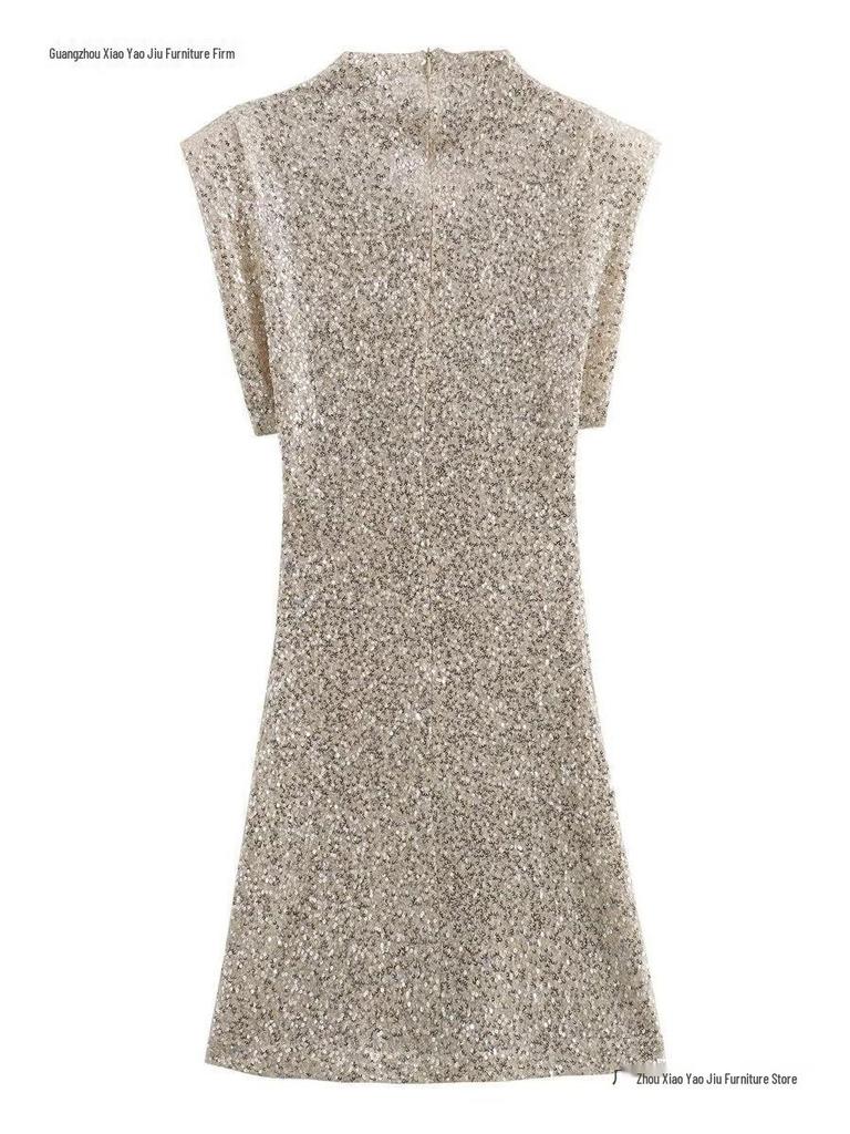 European Style 2026 Women's Sequined Evening Gown - Elegant, Padded Shoulders, Slim Fit, Sexy Beaded Design.