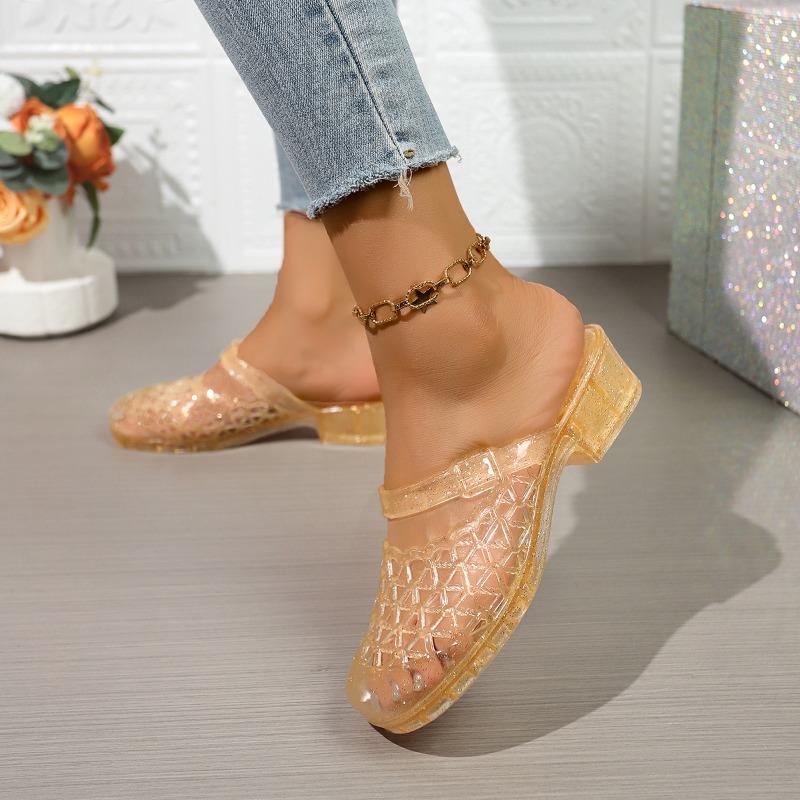 Letní venkovní křišťálové pantofle dámské 2025 nové průhledné hlavy duté volnočasové sandály pantofle pantofle rychleschnoucí dírkované