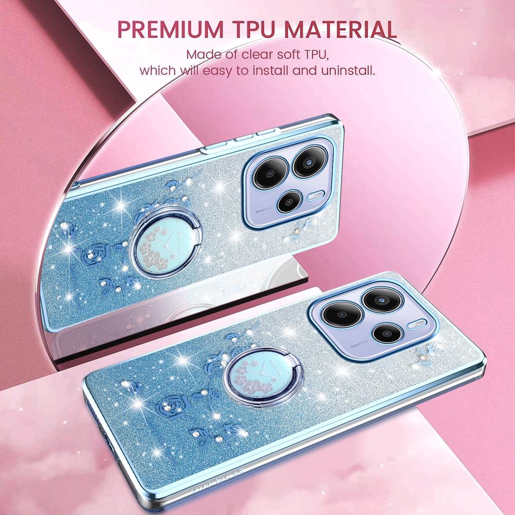 For Xiaomi Redmi Note 14 Pro 4G Case Ring Kickstand TPU Flowers Phone Cover Gradient Glitter