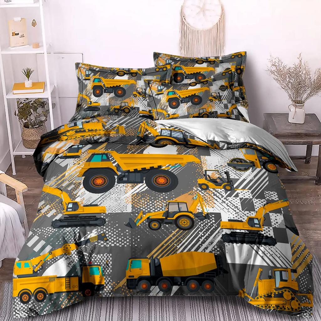 Truck Excavator King Queen Duvet Cover Yellow Tractor Bedding Set For Kids Boys Girls Cartoon Car Transporter 2/3Pcs Quilt Cover