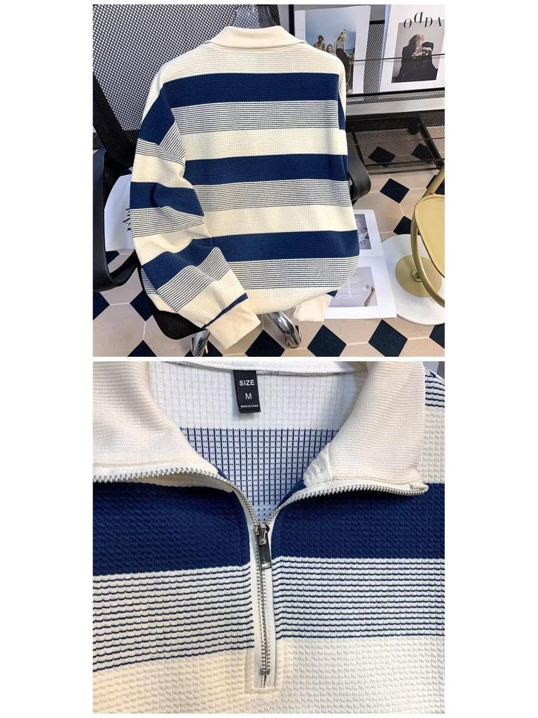 Unisex Retro Gestreifte Oversize Langarmjacke mit halbem Reißverschluss für Herbst & Winter