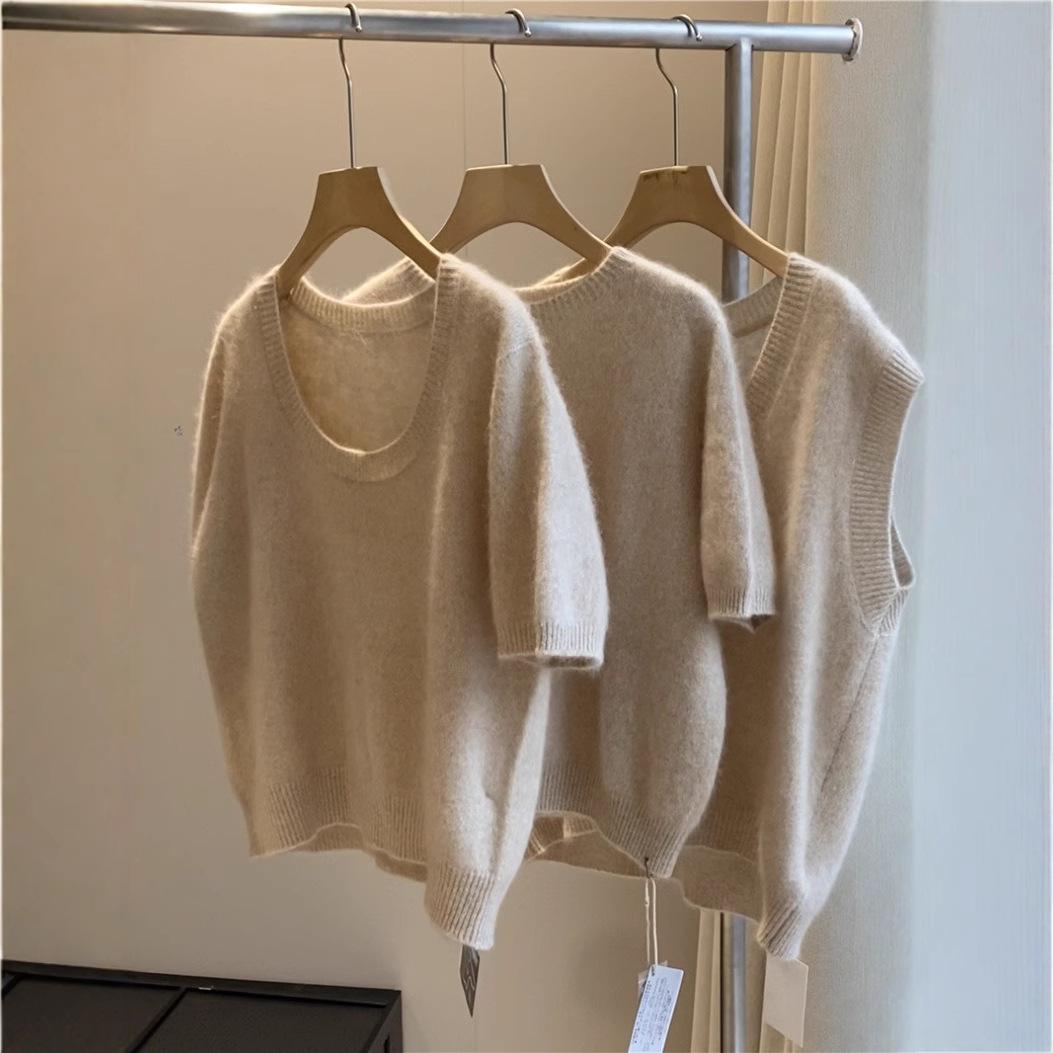 

2025 Spring Elegant Women s U-neck Short-Sleeve Wool Knit Sweater - Soft, Loose, Slimming & Versatile Fashion Staple Medium темно-сірий