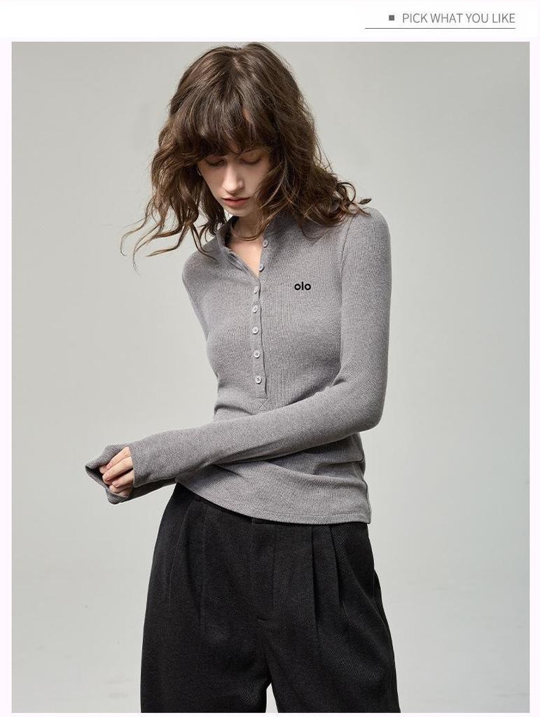 Dámské broušené tričko s knoflíkovou légou a dlouhým rukávem - Podzimní potisk 2025 Slim základní vrstva