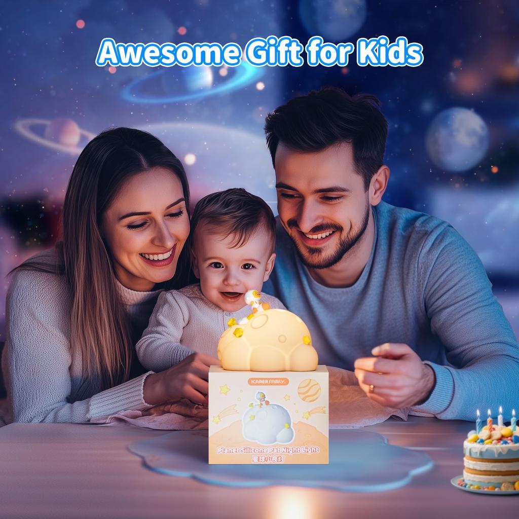 ICARER FAMILY Söt Nattmjuk Silikon Dimbar Baby Natt Uppladdningsbar Sänglampa med Planet Söt Dekoration för Perfekt Gåva för Rymdfödelsedag Baby