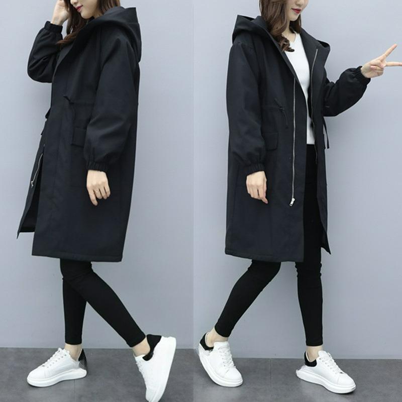 

Women s Mid-length Autumn Loose Thick Windbreaker Hooded Plus Size Black Jacket 4XL чорний