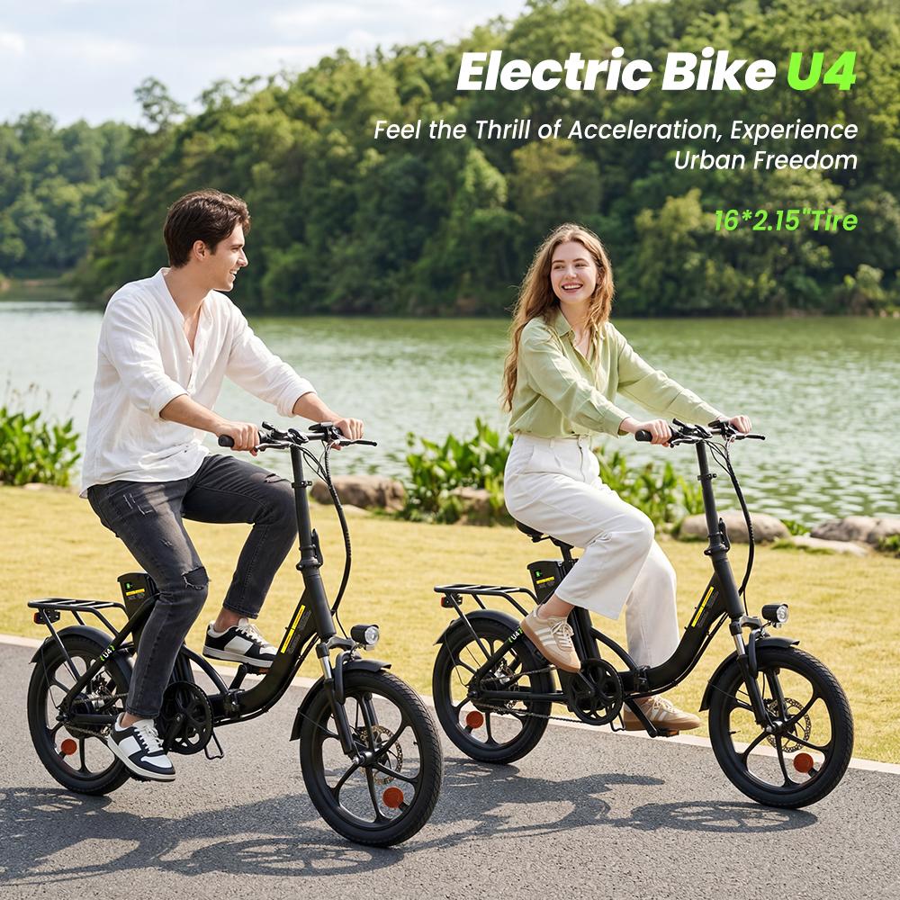 U4 Electric Bike 10.4Ah Battery 25KM/H Max Speed Front Suspension Disc Brake 3-Speed Modes 55+ Miles Range Compact Electric Bicycle with 16'' Tires