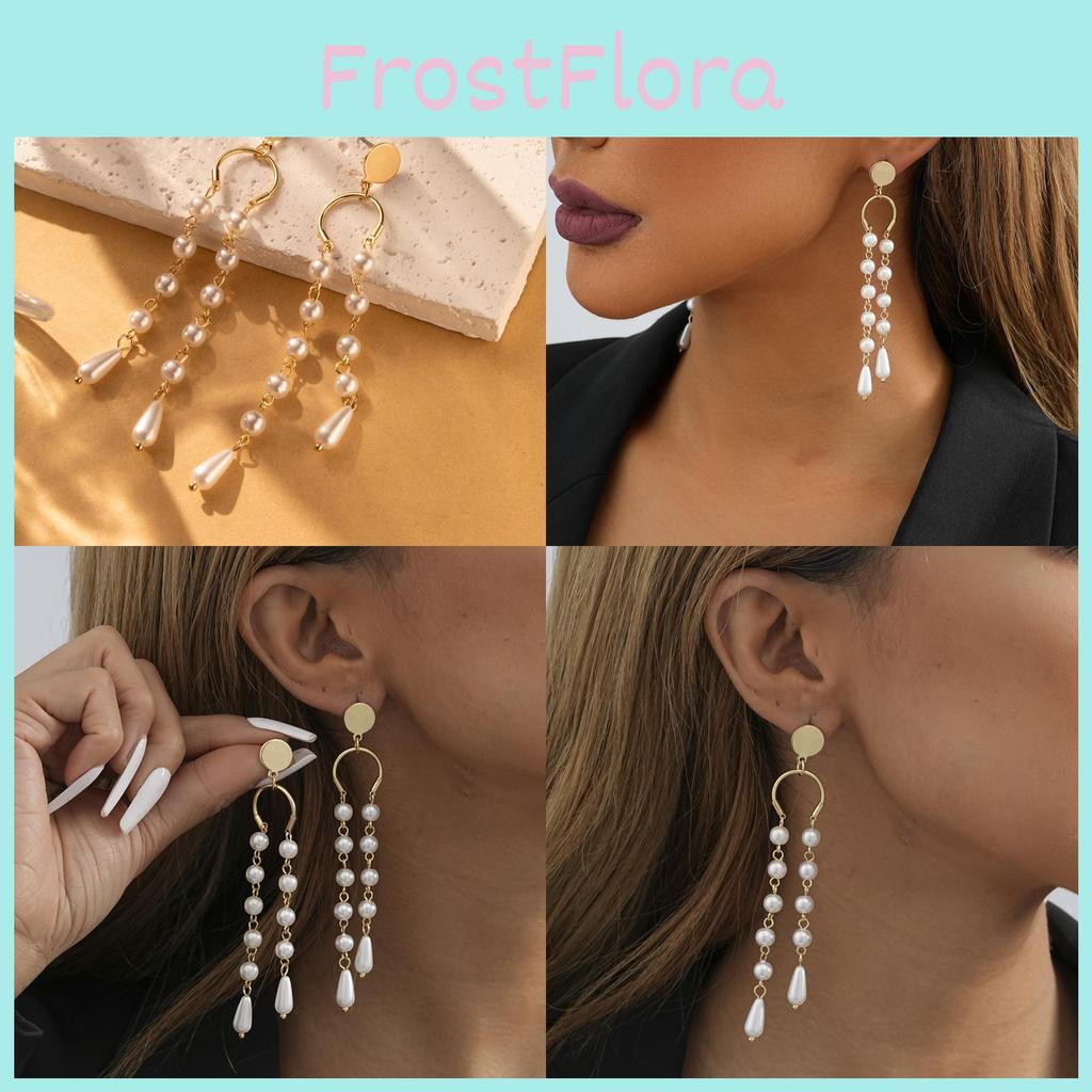 Elegant Asymmetric Tassel Earrings With Faux Pearl Geometric Design For Women