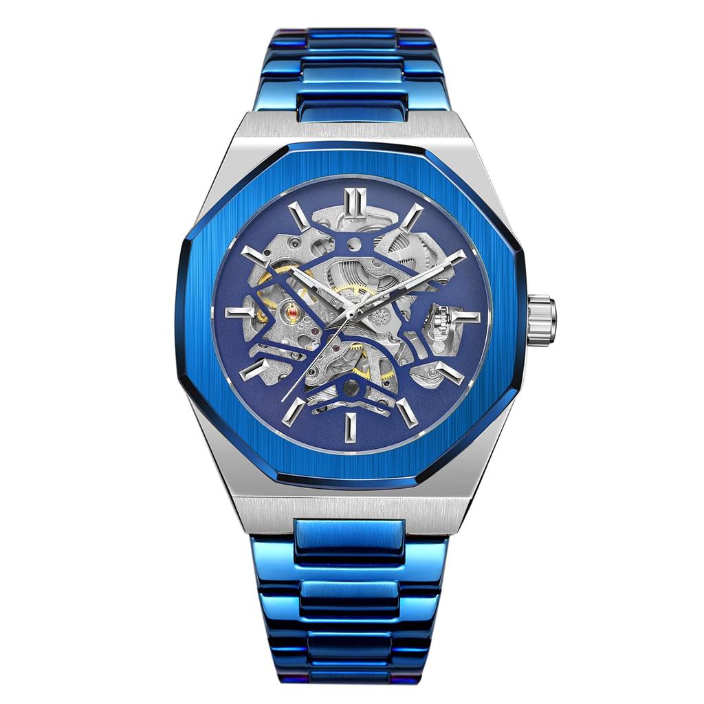 BOLYTE Men's Mechanical Automatic Watch with Octagonal Case and Stainless Steel Band, Skeleton Design, Silver Blue, Classic Design